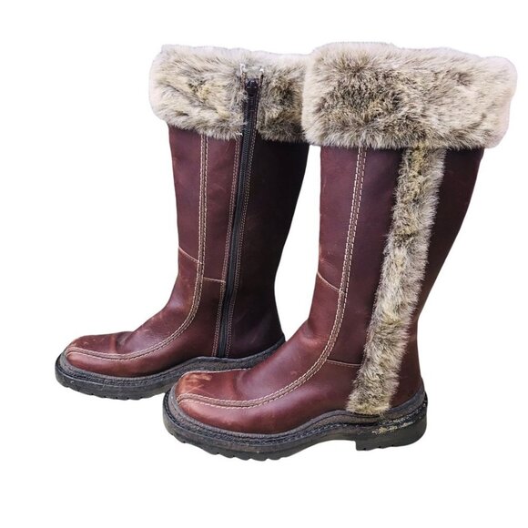 BOS & CO Brown Leather Fur Knee high Winter Boots Women Size  7 - Picture 7 of 16